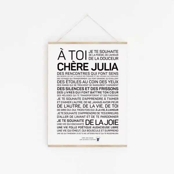 Une affiche en noir et blanc avec les mots « cheer Julia ».