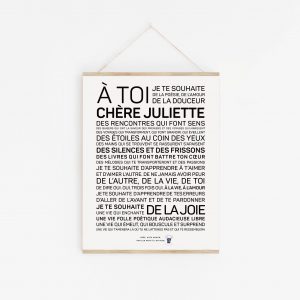 Une affiche en noir et blanc avec les mots a toie cherie Juliette.
