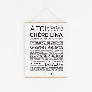 Une affiche Lina en noir et blanc avec les mots a toi chere lina.