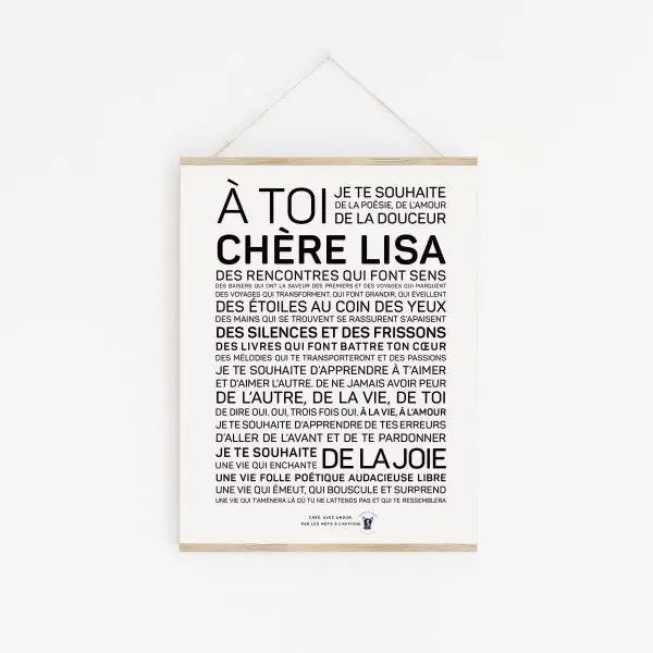 Une affiche en noir et blanc avec les mots a toi cherie Lisa.