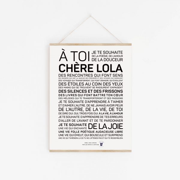 Une affiche en noir et blanc avec les mots a toi che chere Lola.