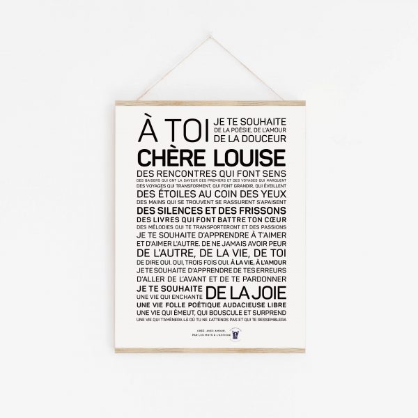 Une affiche en noir et blanc avec les mots à toi chérie Louise.