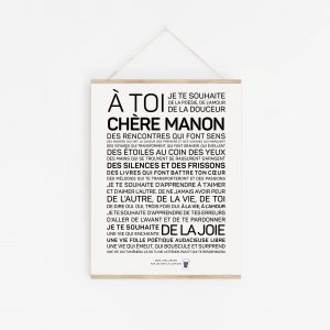 Une affiche en noir et blanc avec les mots à toi chérie Manon.