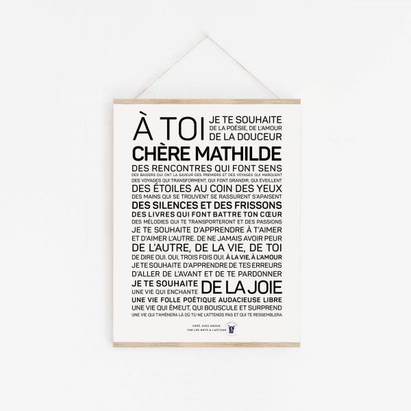 Une affiche en noir et blanc avec les mots a toi chere Mathilde.