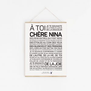 Une affiche en noir et blanc avec les mots a toi cheere Nina.