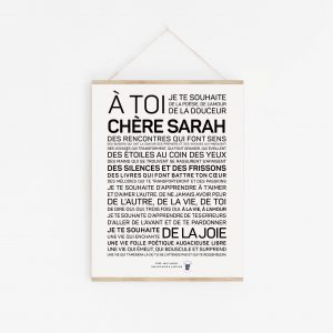 Une affiche en noir et blanc avec les mots à toi cherie Sarah.