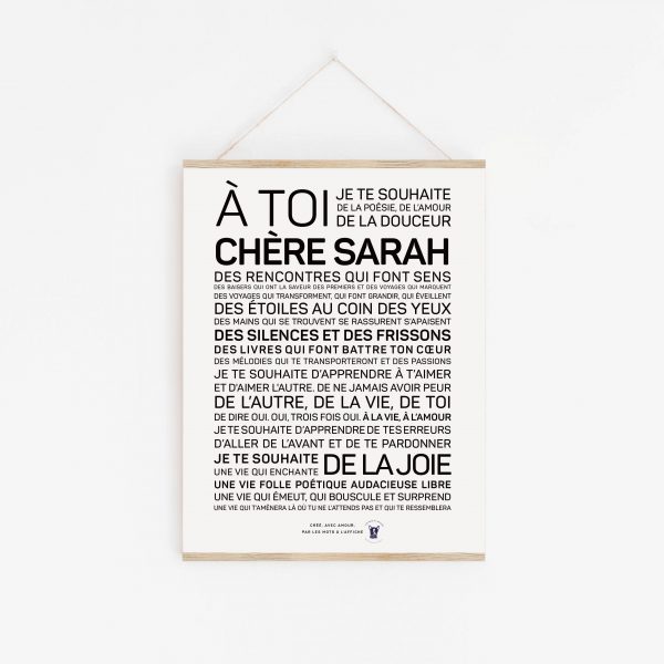 Une affiche en noir et blanc avec les mots à toi cherie Sarah.
