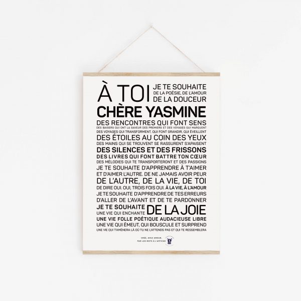 Une affiche Yasmine en noir et blanc avec les mots a toi chere yasmine.