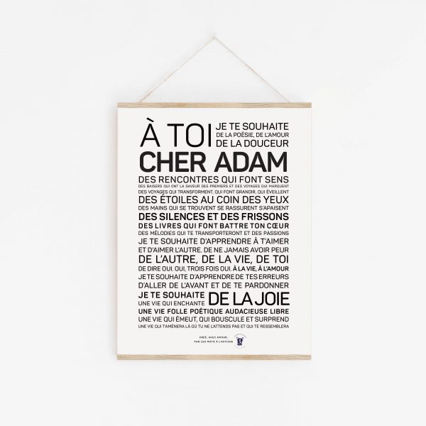 Une affiche en noir et blanc avec les mots à toi cher Adam.
