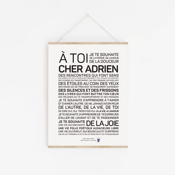 Une affiche Adrien en noir et blanc avec les mots à toi cher Adrien.