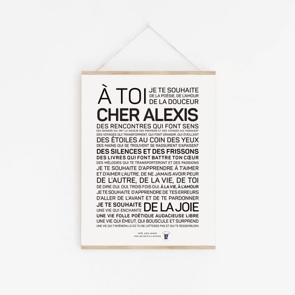 Une affiche en noir et blanc avec les mots à toi cher Alexis.