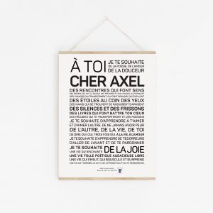 Une affiche en noir et blanc avec les mots à toi cher Axel.