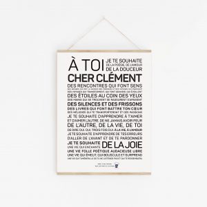 Une affiche en noir et blanc avec la mention "a tot cher Clément" - un cadeau.