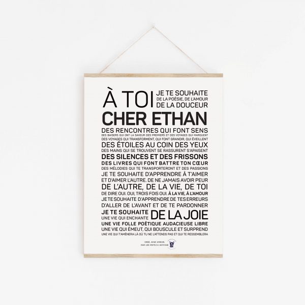 Une affiche en noir et blanc avec les mots « à toi cher Ethan », un cadeau parfait.