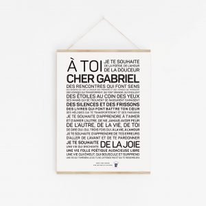 Une affiche en noir et blanc avec la mention « à toi chef Gabriel », un Gabriel parfait.