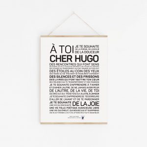 Une affiche en noir et blanc avec les mots "a toi cheer Hugo" - un Hugo parfait.