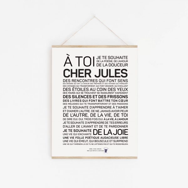 Une affiche en noir et blanc avec la mention « à toi cher Jules, un cadeau.