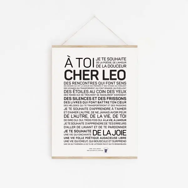 Une affiche en noir et blanc avec les mots un cadeau pour remonter le moral de Léo.