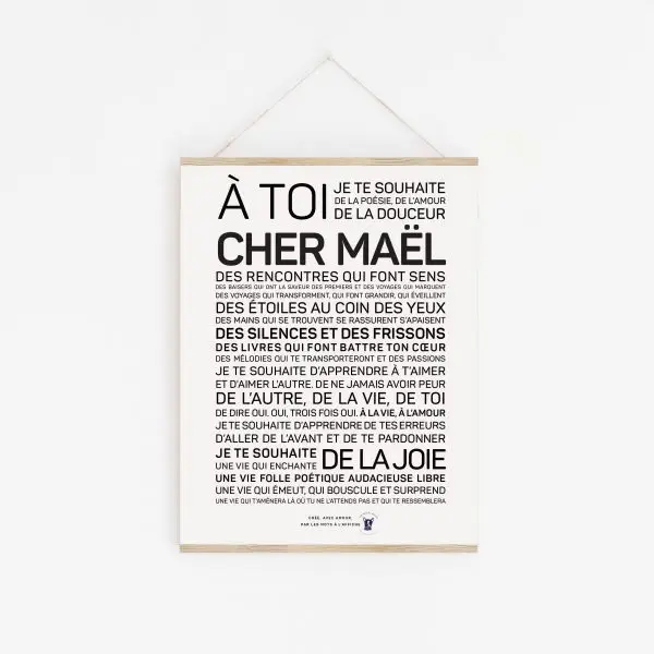 Une affiche en noir et blanc avec les mots a to checher Maël, un cadeau parfait.