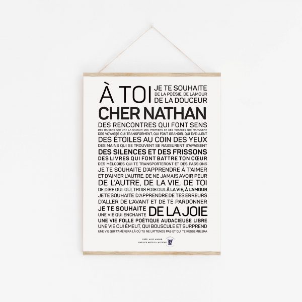 Une affiche en noir et blanc avec les mots "a toi cher nathan" - un Nathan parfait.