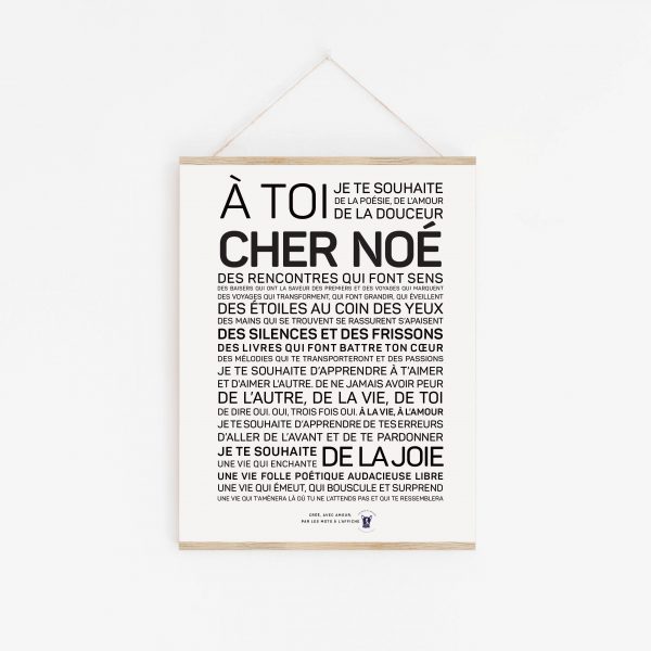 Une affiche en noir et blanc avec la mention "a toi cadeau cheer Noé".