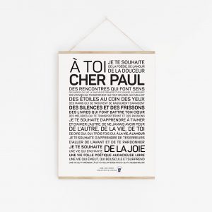 Une affiche en noir et blanc avec la mention « à toi cher Paul, un cadeau.