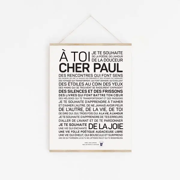 Une affiche en noir et blanc avec la mention « à toi cher Paul, un cadeau.