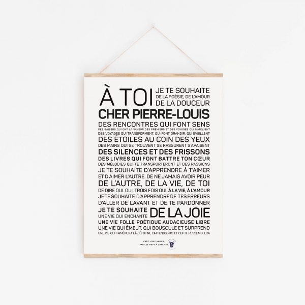 Une affiche Pierre-Louis en noir et blanc avec une citation en français, parfaite comme cadeau.