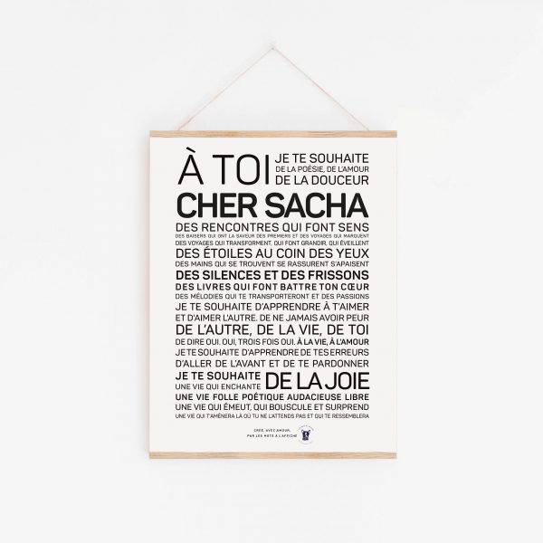 Une affiche en noir et blanc avec la mention « a toi cher Sacha, un cadeau.