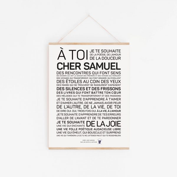 Une affiche en noir et blanc avec la mention "à toi chef Samuel" en guise de Samuel.