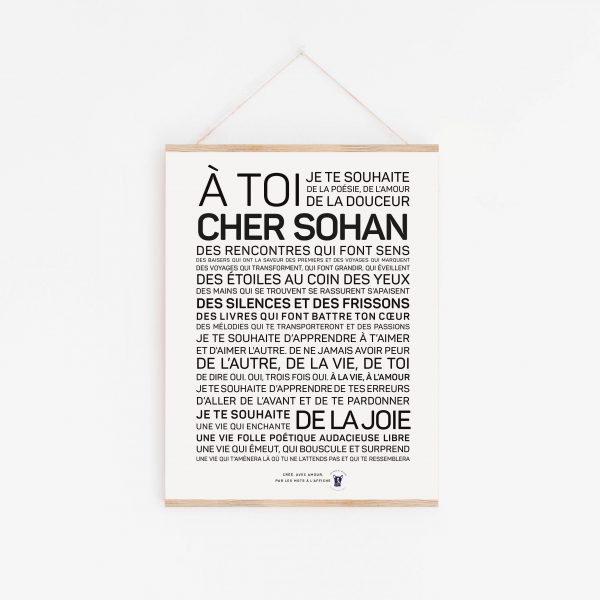 Une affiche en noir et blanc avec les mots "a toi cher Sohan" - un cadeau spécial.