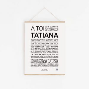 Une affiche en noir et blanc avec les mots à toi Tatiana, une idée cadeau littéraire.