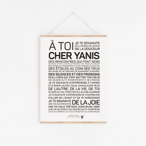 Une affiche Yanis en noir et blanc avec les mots a toi cher yanns.