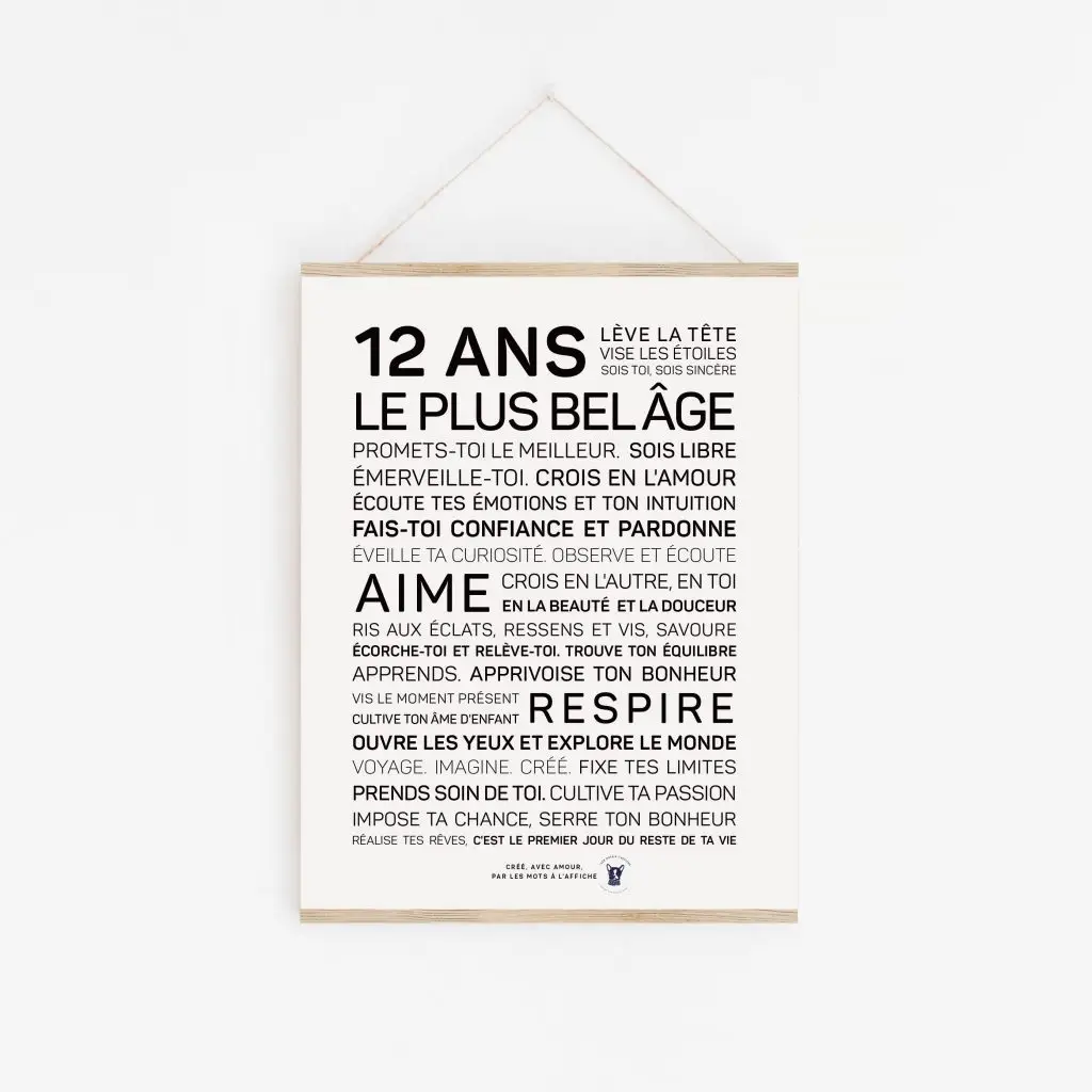 Une affiche 12 ans avec les mots plus belge.