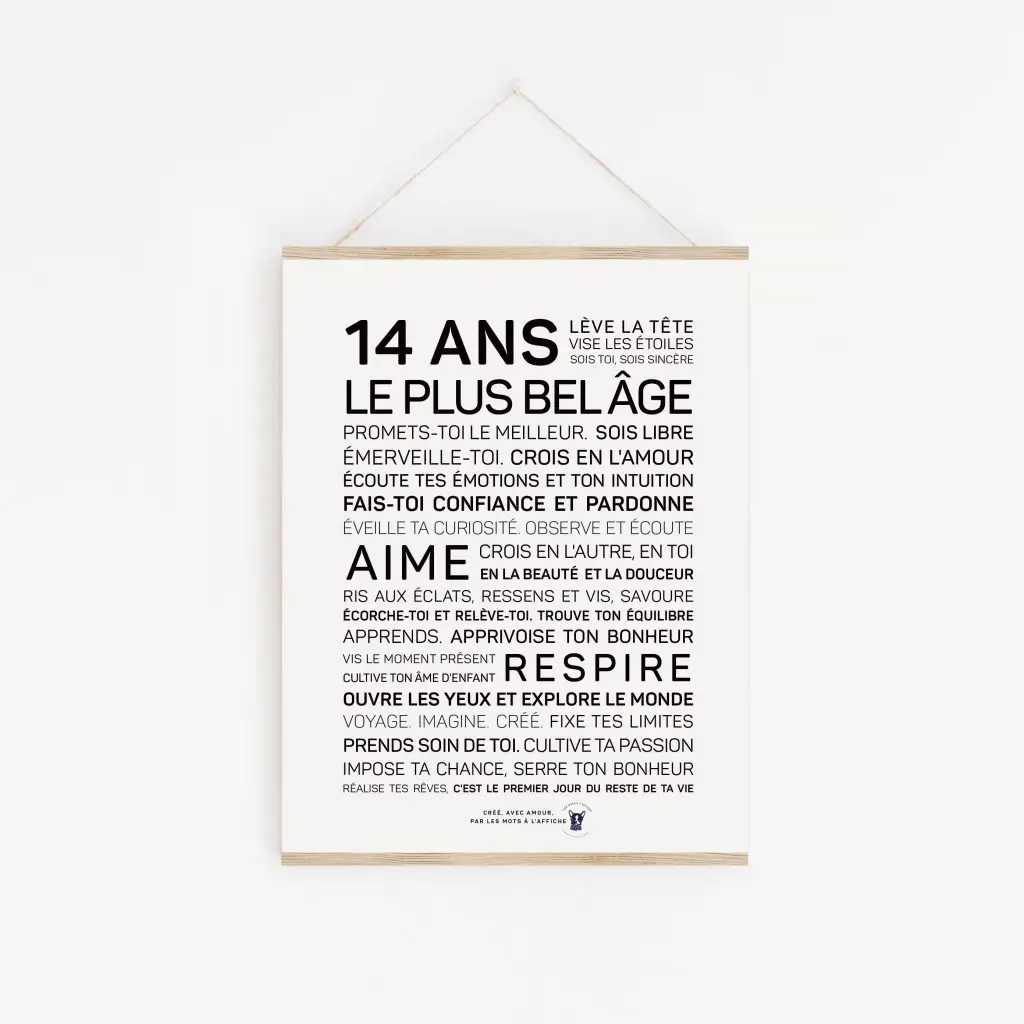 Une affiche en noir et blanc avec les mots 14 ans, un cadeau idéal pour 14 ans.