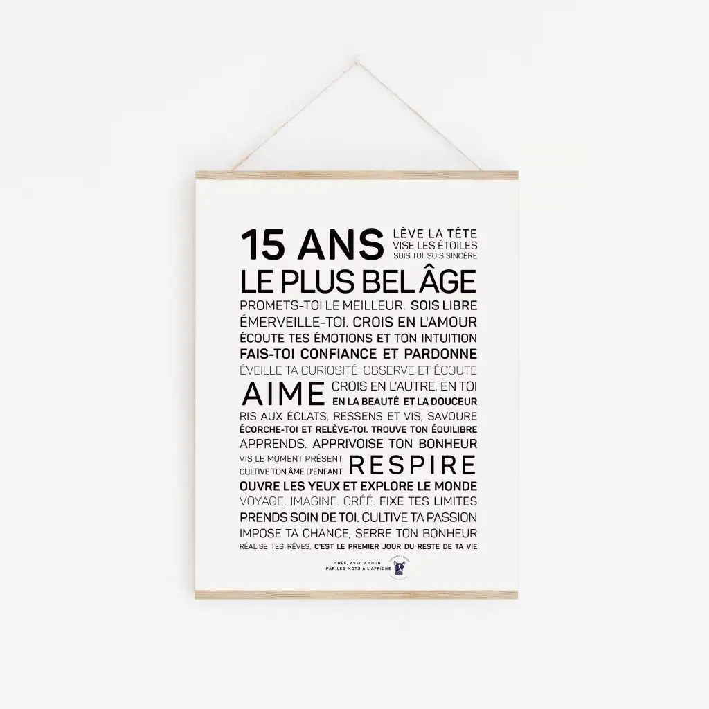 Une affiche 15 ans en noir et blanc avec les mots plus le belage.