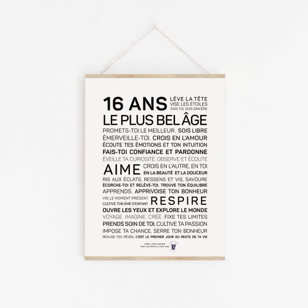 Une affiche en noir et blanc avec les mots « 16 ans belair », un cadeau parfait.