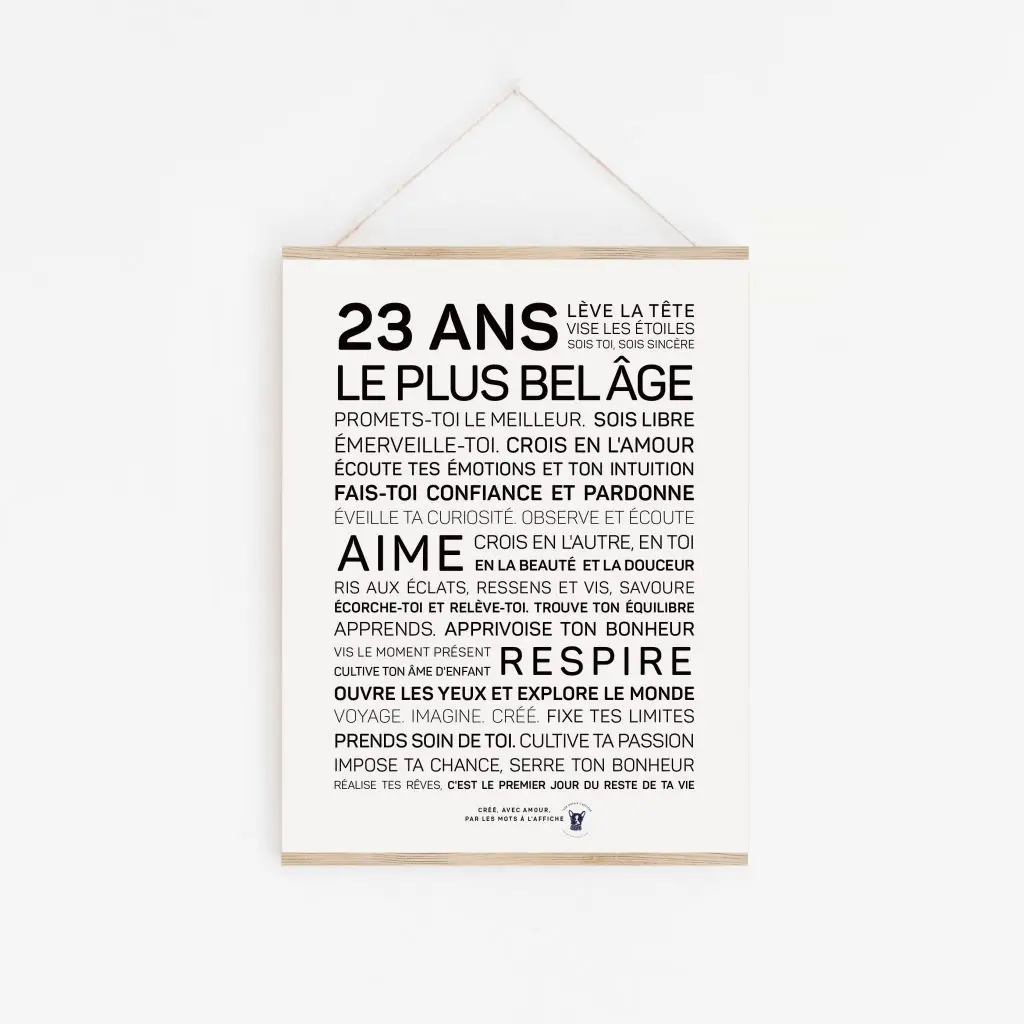 Une affiche en noir et blanc avec les mots "23 ans plus belge", un cadeau parfait pour 23 ans.