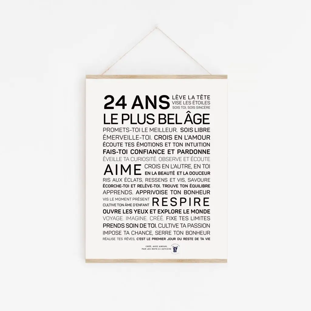Une affiche en noir et blanc avec les mots « 24 ans plus belle », un cadeau parfait pour 24 ans.