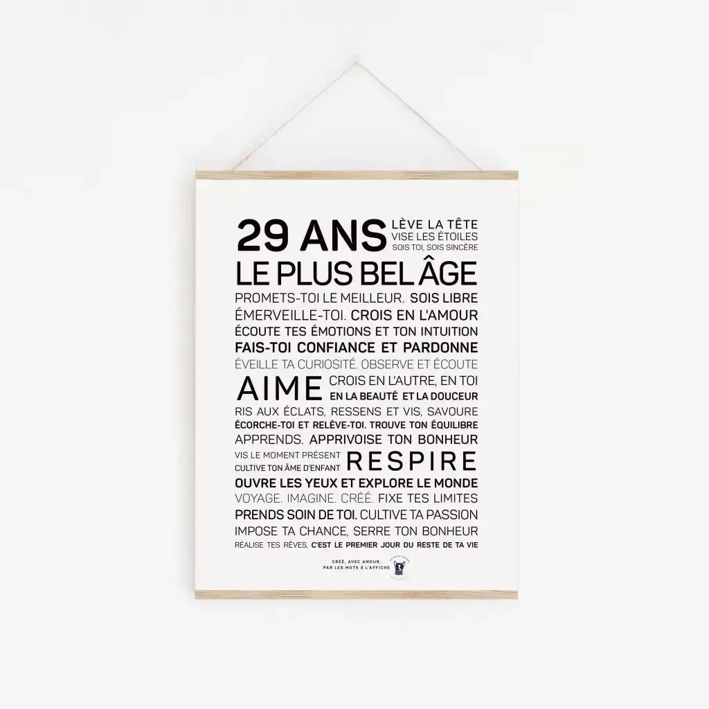 Une affiche 29 ans en noir et blanc avec les mots plus belle.