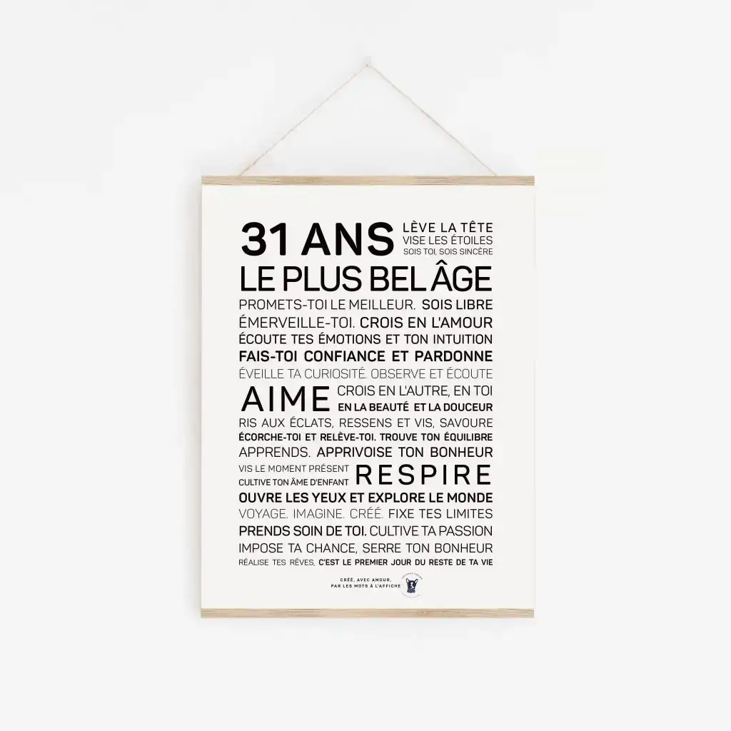 Une affiche cadeau en noir et blanc avec les mots 31 ans.