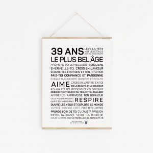 Une affiche 39 ans en noir et blanc avec les mots plus belge, un cadeau parfait.