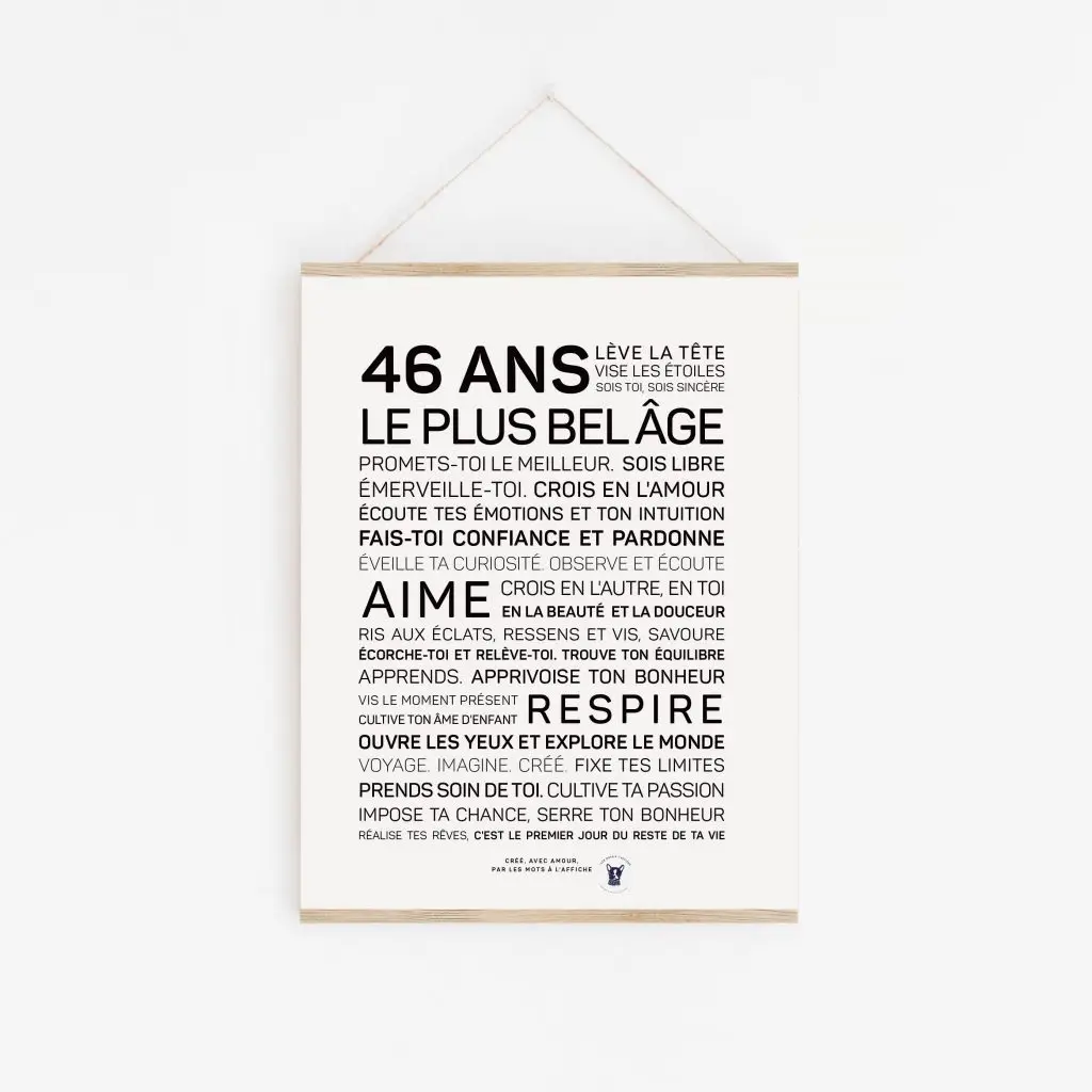 Une affiche cadeau en noir et blanc avec la mention « 46 ans plus belle.