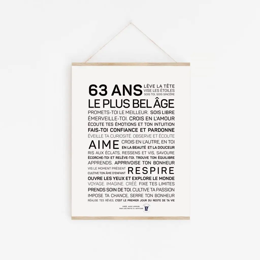 Une affiche en noir et blanc avec la mention "63 ans" comme 63 ans.