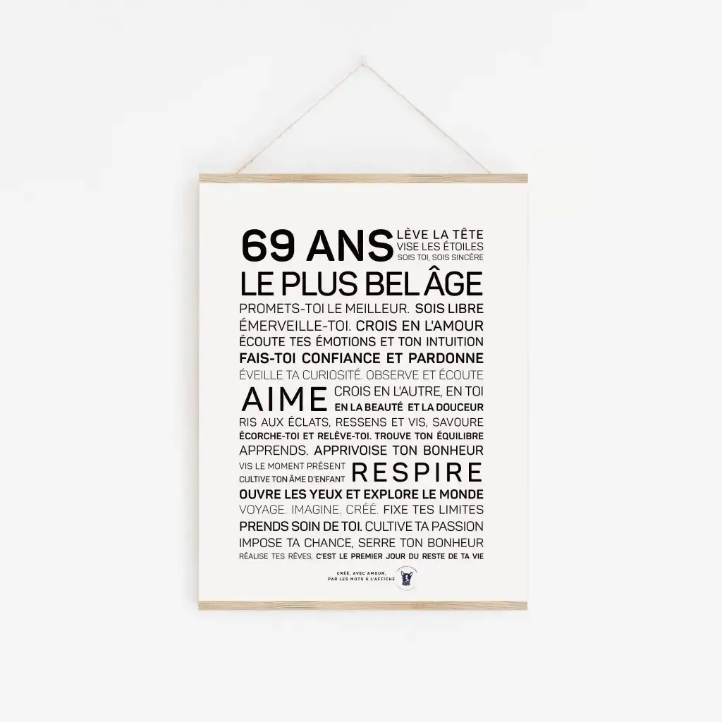 Une affiche en noir et blanc avec les mots 69 ans plus belge, un parfait cadeau 69 ans.