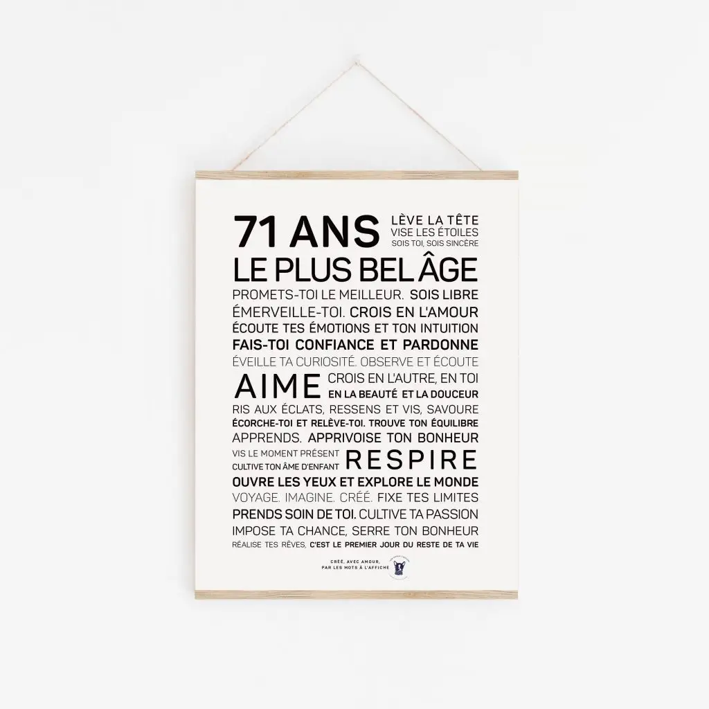 Une affiche en noir et blanc avec les mots 71 ans, un cadeau parfait.