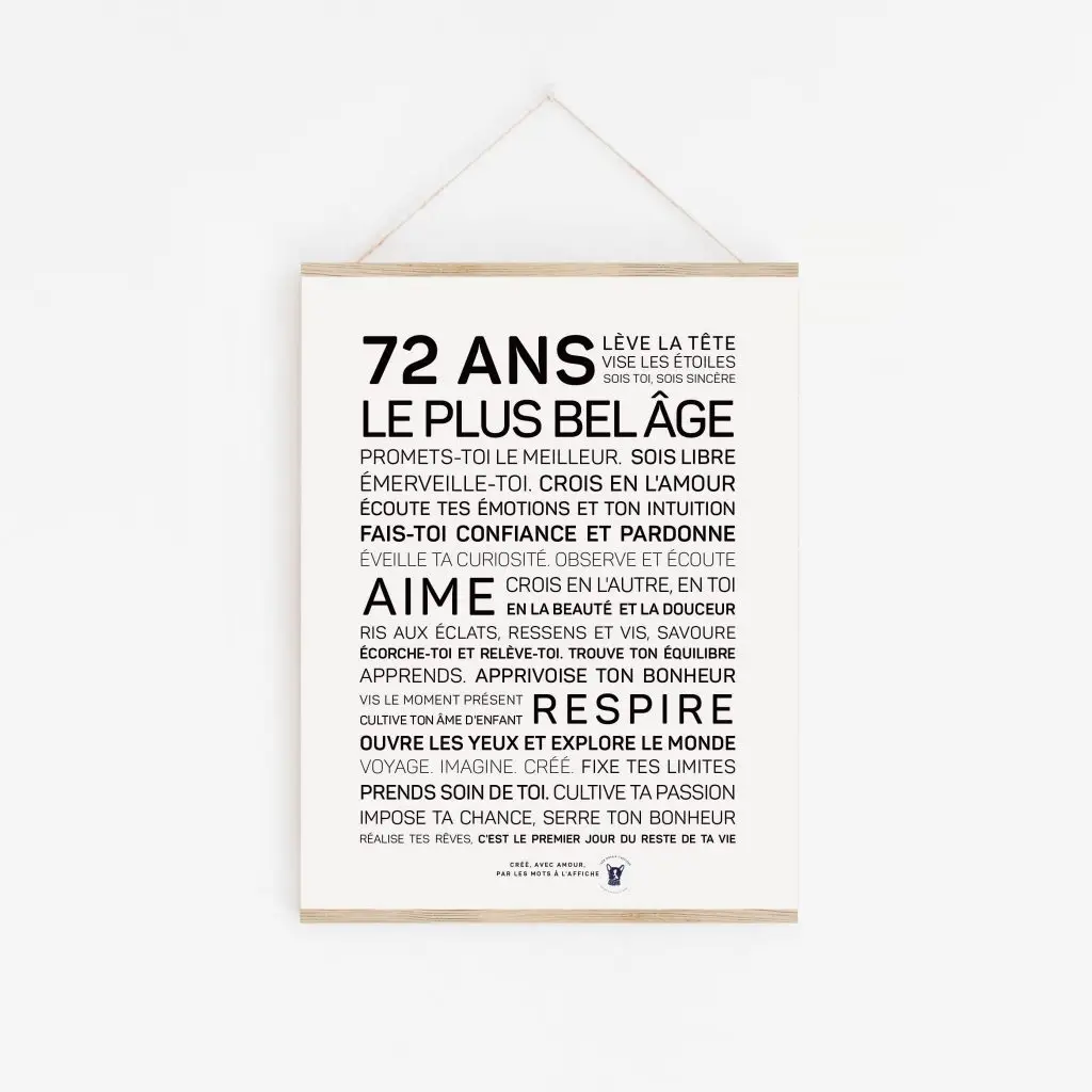 Une affiche en noir et blanc avec la mention « 72 ans plus belle », un cadeau parfait.
