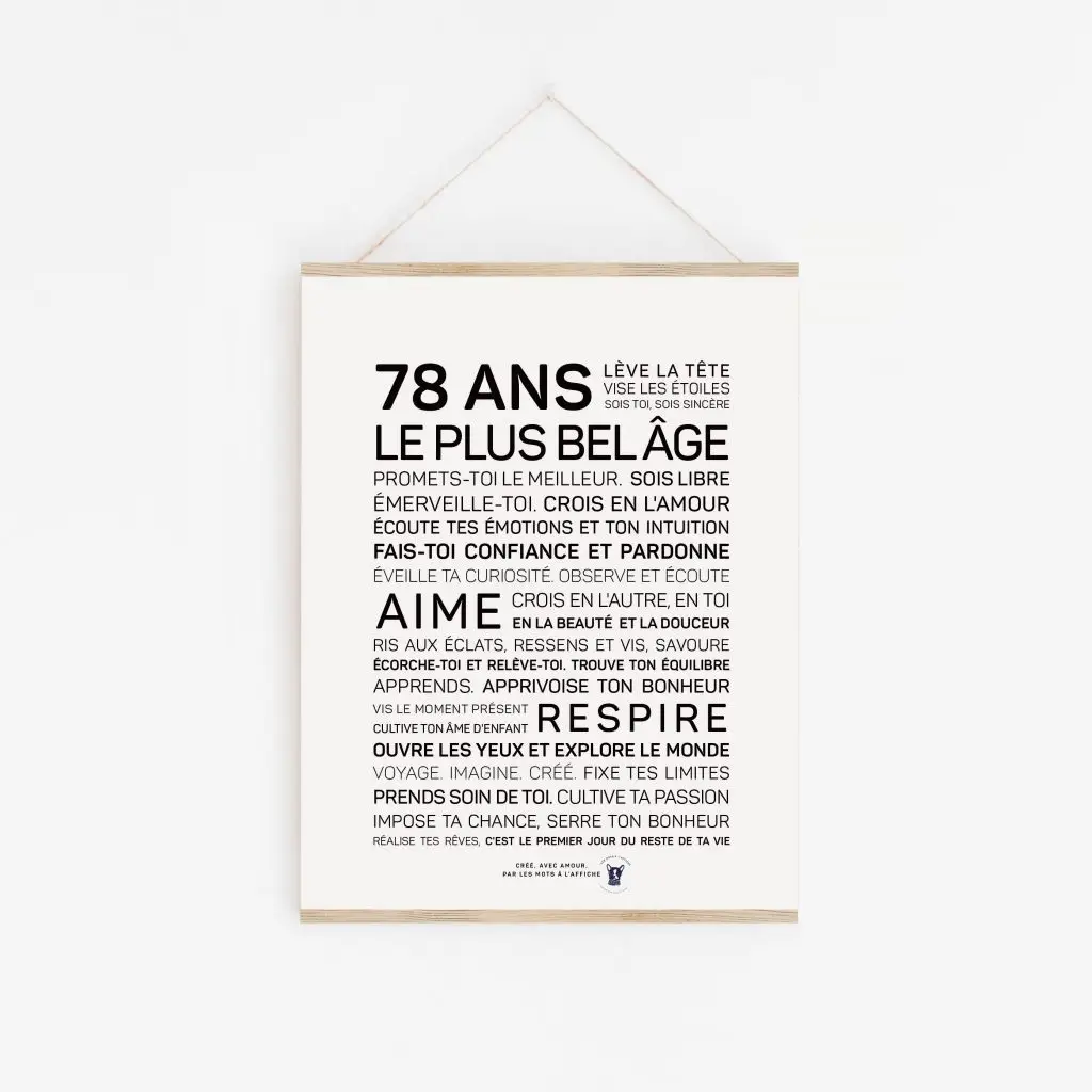 Une affiche en noir et blanc avec les mots 78 ans, un cadeau parfait.