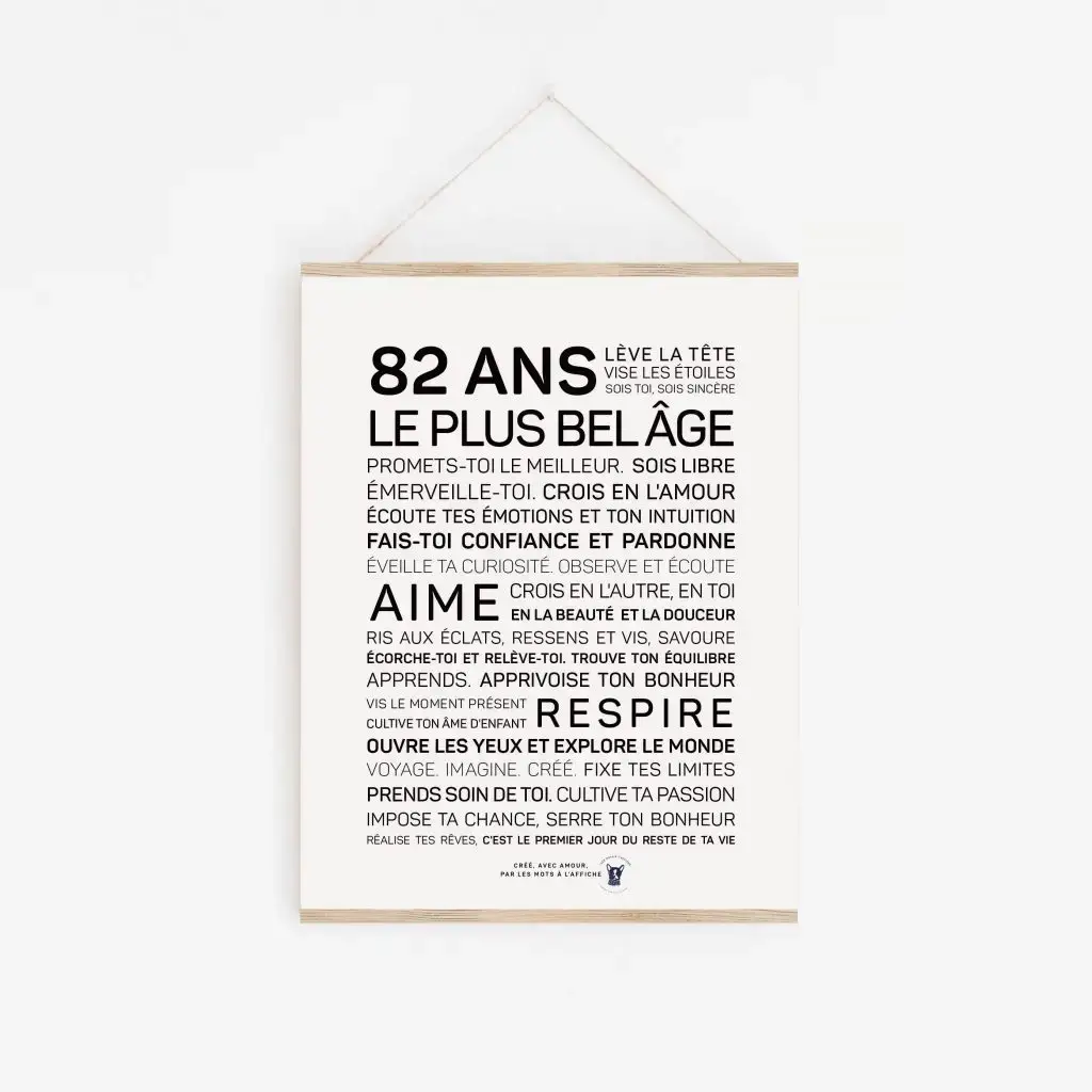 Une affiche en noir et blanc avec les mots 82 ans, un 82 ans parfait.