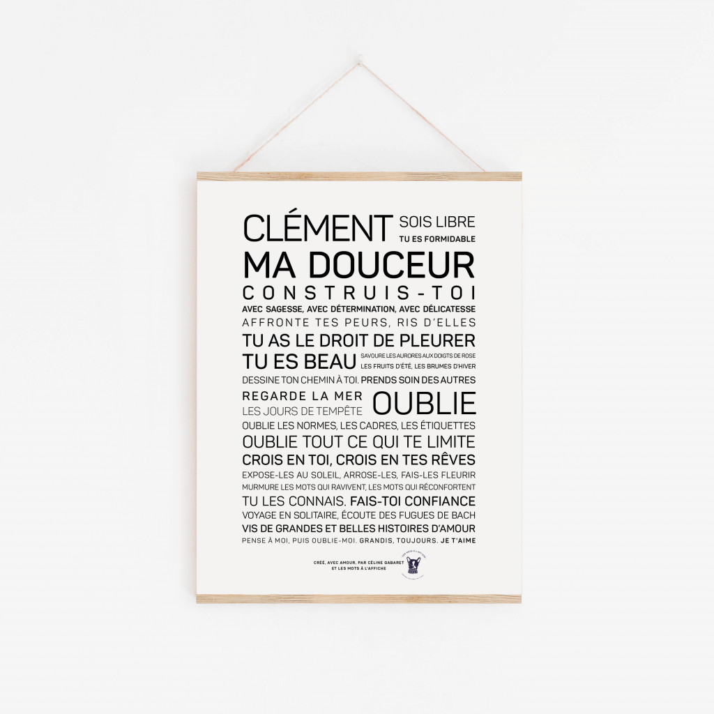 Une affiche en noir et blanc avec la mention "Clément, ma douceur", un cadeau parfait.